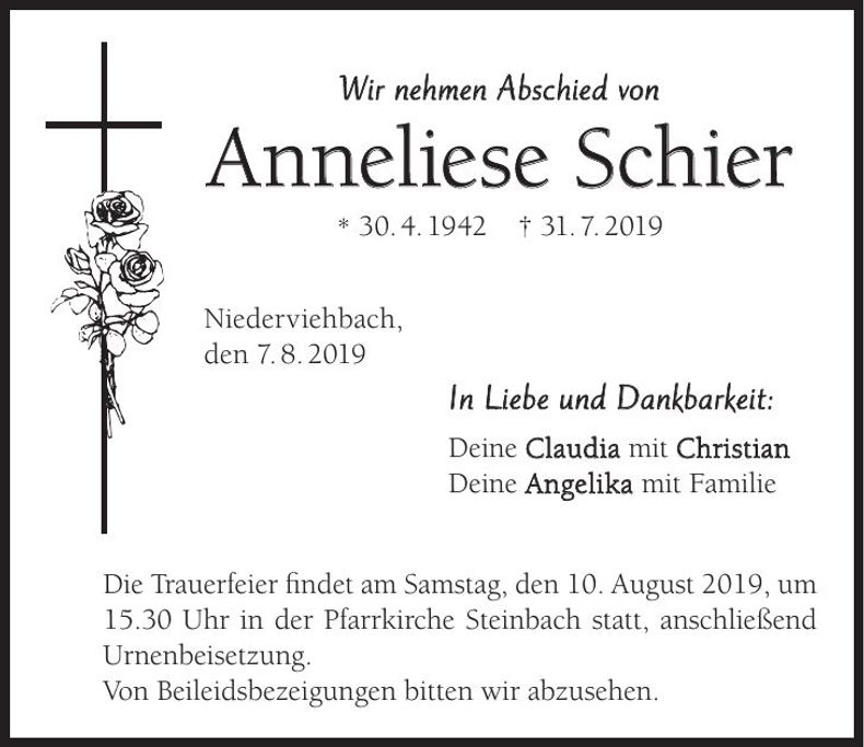 Traueranzeige Anneliese Schier