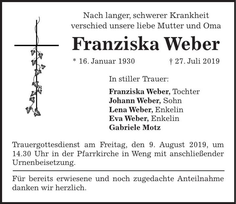 Traueranzeige Franziska Weber