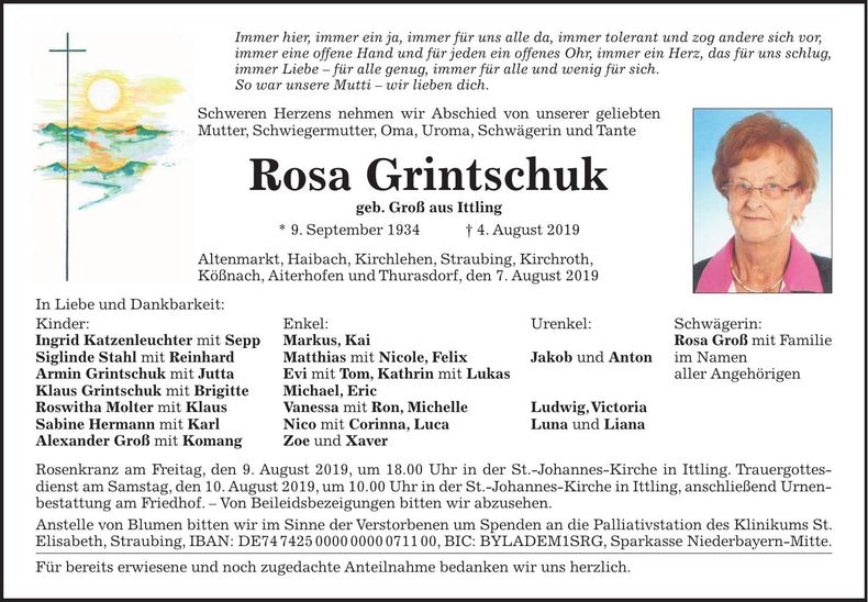 Traueranzeige Rosa Grintschuk