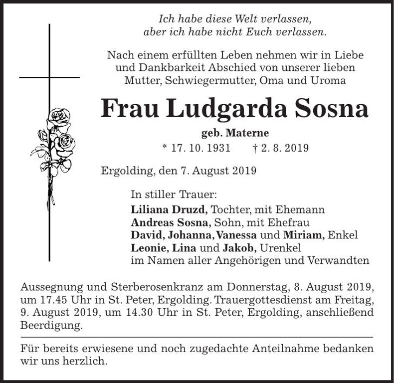 Traueranzeige Ludgarda Sosna