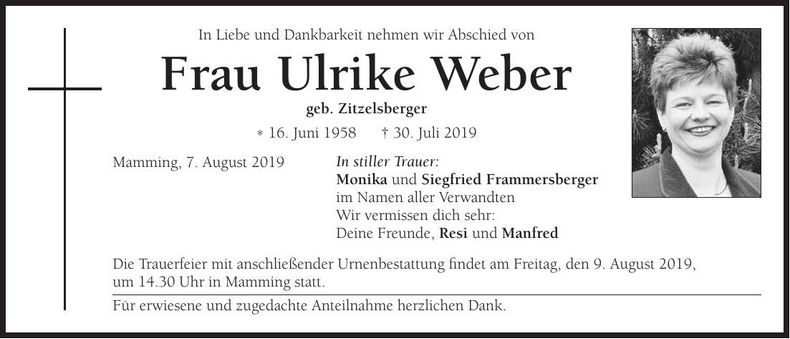 Traueranzeige Ulrike Weber