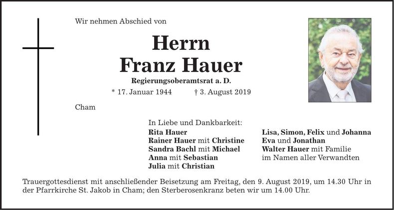 Traueranzeige Franz Hauer