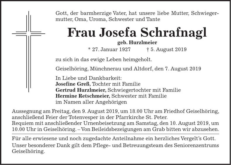 Traueranzeige Josefa Schrafnagl