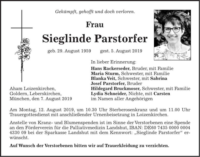 Traueranzeige Sieglinde Parstorfer