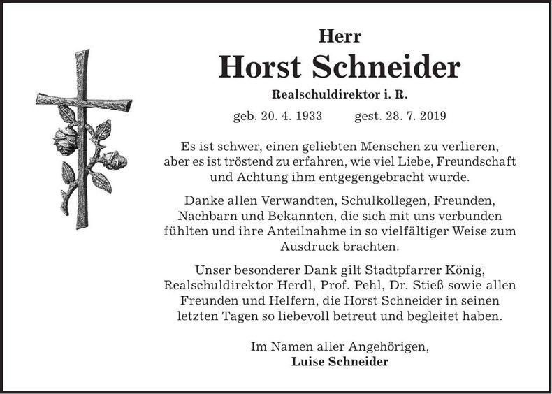 Traueranzeige Horst Schneider