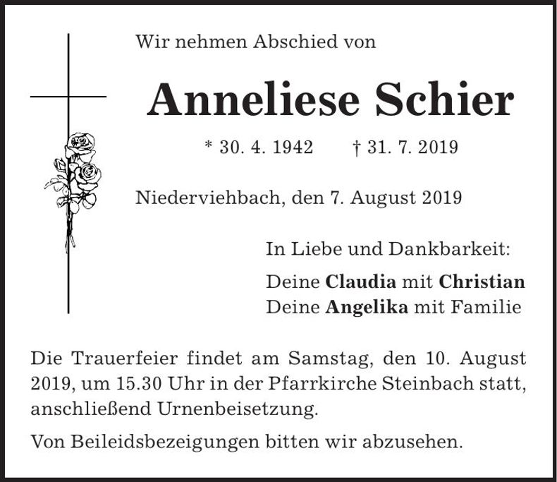 Traueranzeige Anneliese Schier