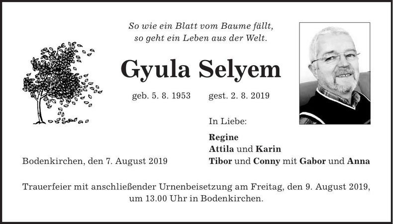 Traueranzeige Gyula Selyem