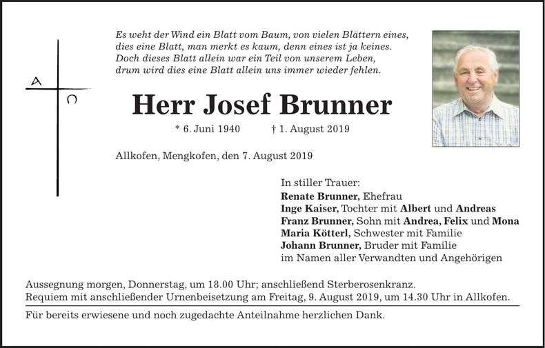 Traueranzeige Josef Brunner