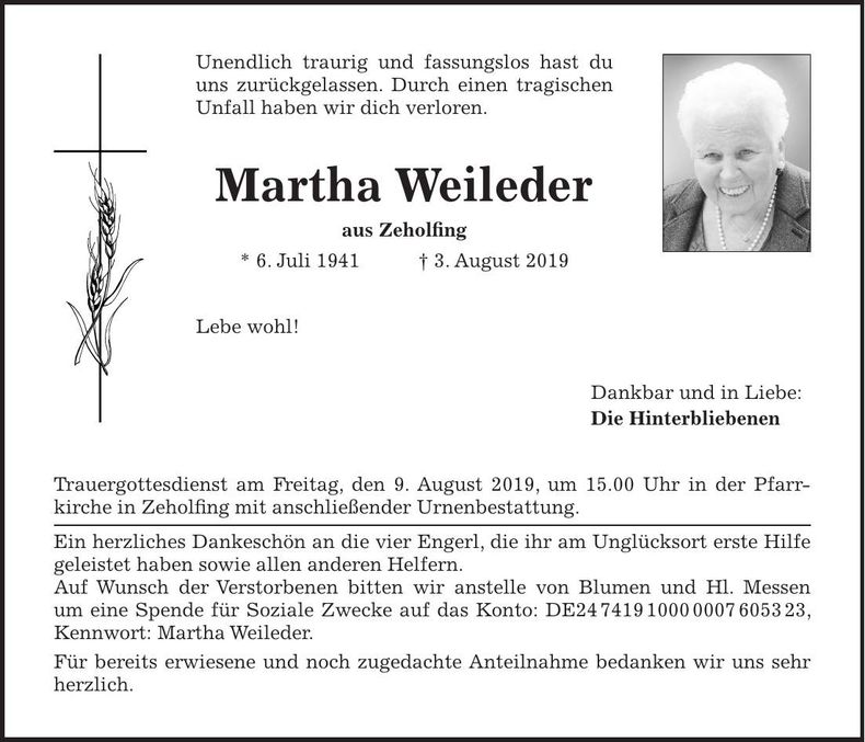 Traueranzeige Martha Weileder