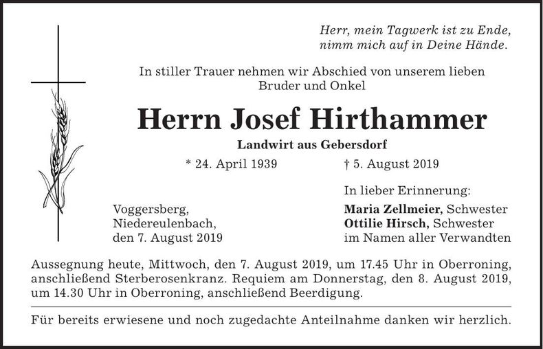 Traueranzeige Josef Hirthammer