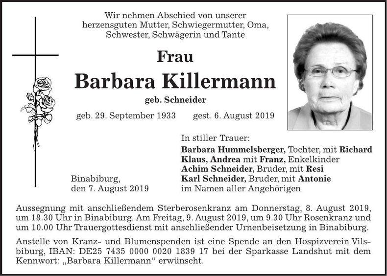 Traueranzeige Barbara Killermann