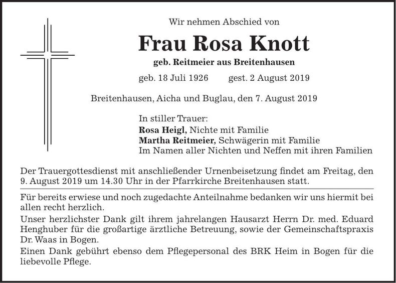 Traueranzeige Rosa Knott