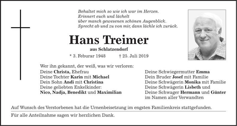Traueranzeige Hans Treimer