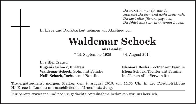 Traueranzeige Waldemar Schock