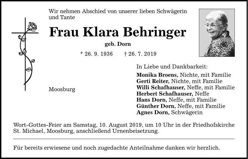 Traueranzeige Klara Behringer