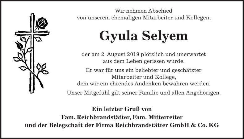 Traueranzeige Gyula Selyem
