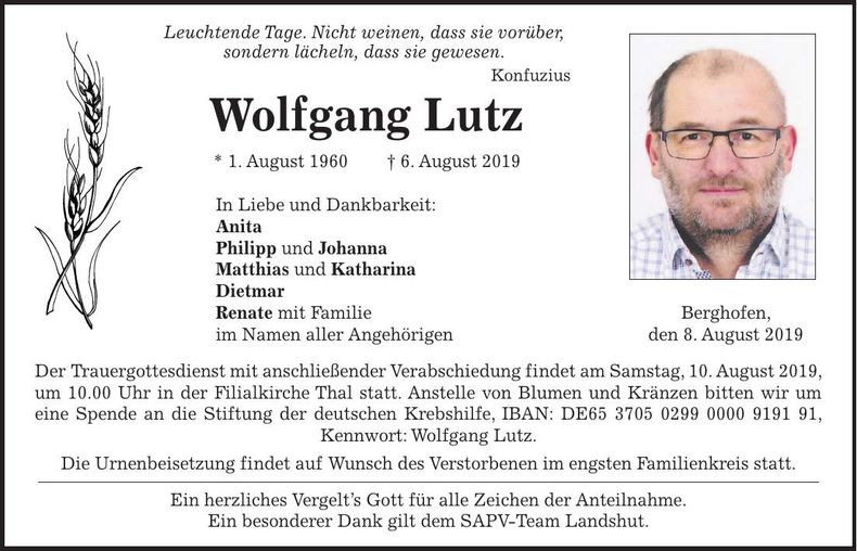 Traueranzeige Wolfgang Lutz