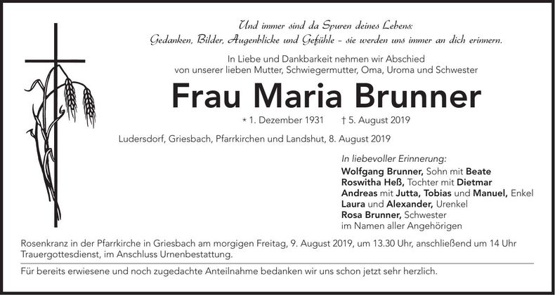 Traueranzeige Maria Brunner