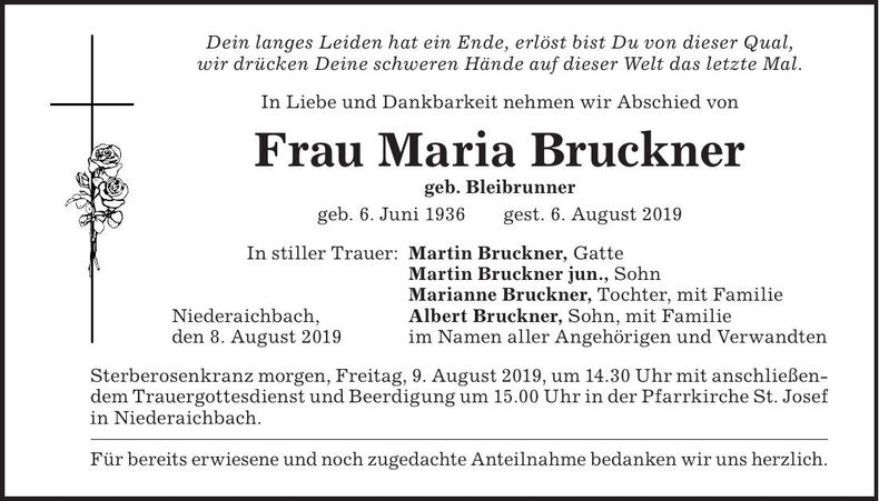 Traueranzeige Maria Bruckner