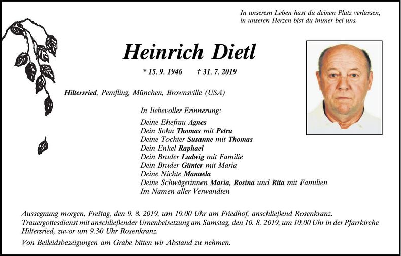 Traueranzeige Heinrich Dietl