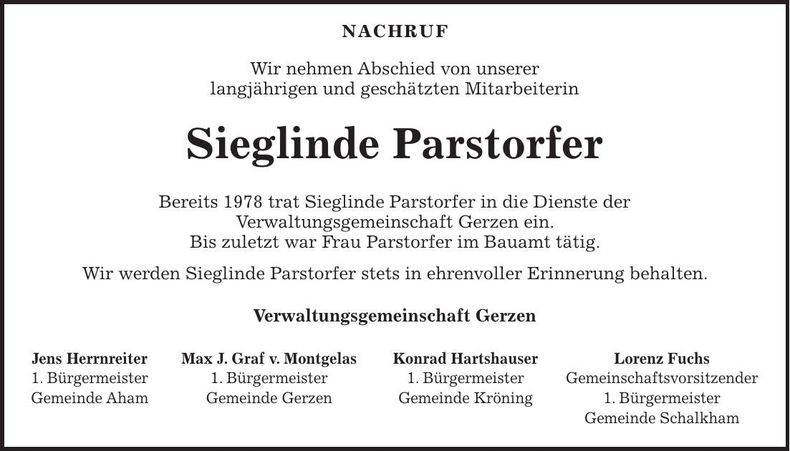 Traueranzeige Sieglinde Parstorfer