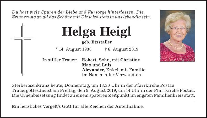 Traueranzeige Helga Heigl