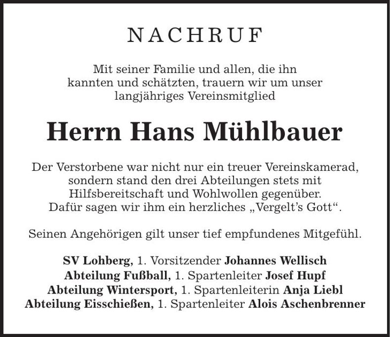 Traueranzeige Hans Mühlbauer