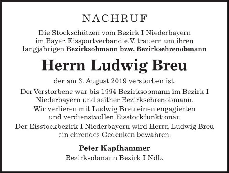 Traueranzeige Ludwig Breu
