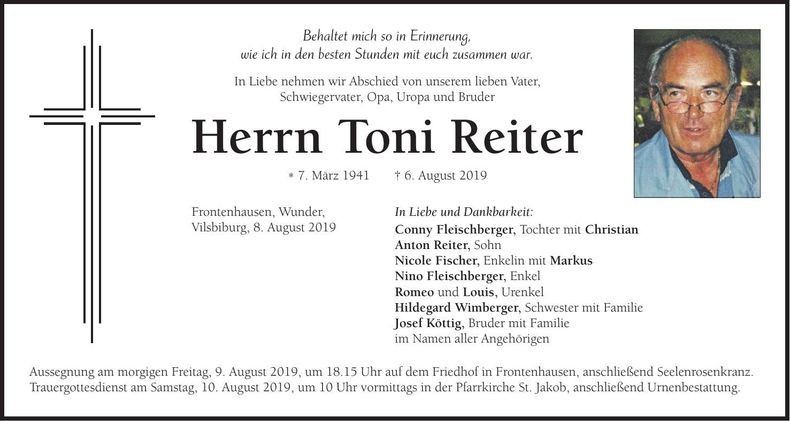 Traueranzeige Toni Reiter