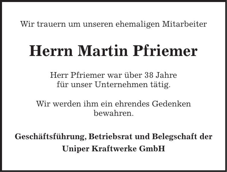 Traueranzeige Martin Pfriemer