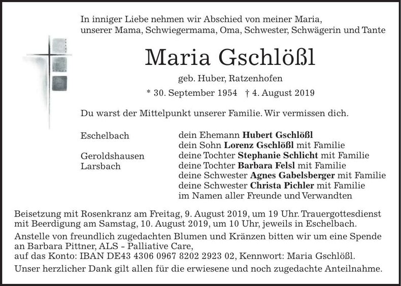 Traueranzeige Maria Gschlößl