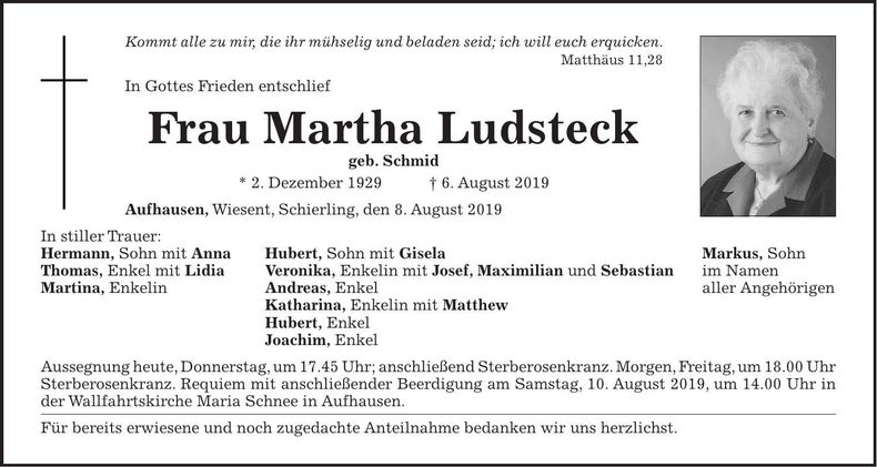 Traueranzeige Martha Ludsteck