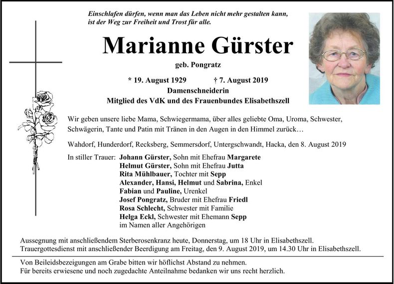 Traueranzeige Marianne Gürster