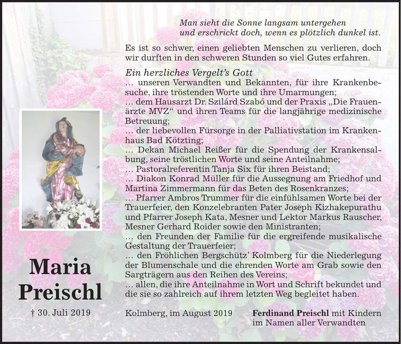 Traueranzeige Maria Preischl