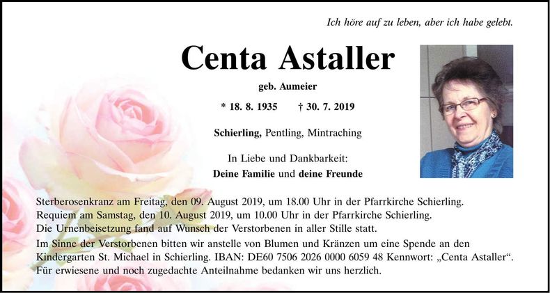 Traueranzeige Centa Astaller