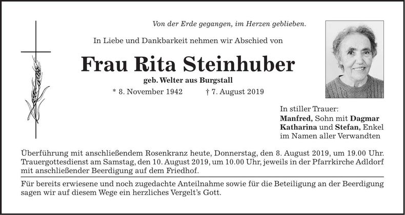 Traueranzeige Rita Steinhuber