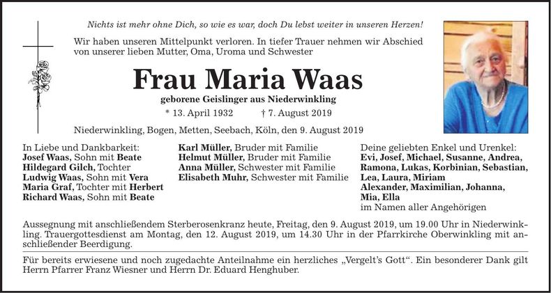 Traueranzeige Maria Waas