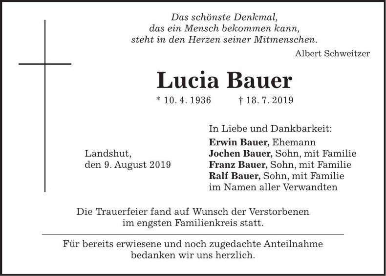 Traueranzeige Lucia Bauer