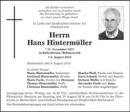 Traueranzeige Hans Hintermüller