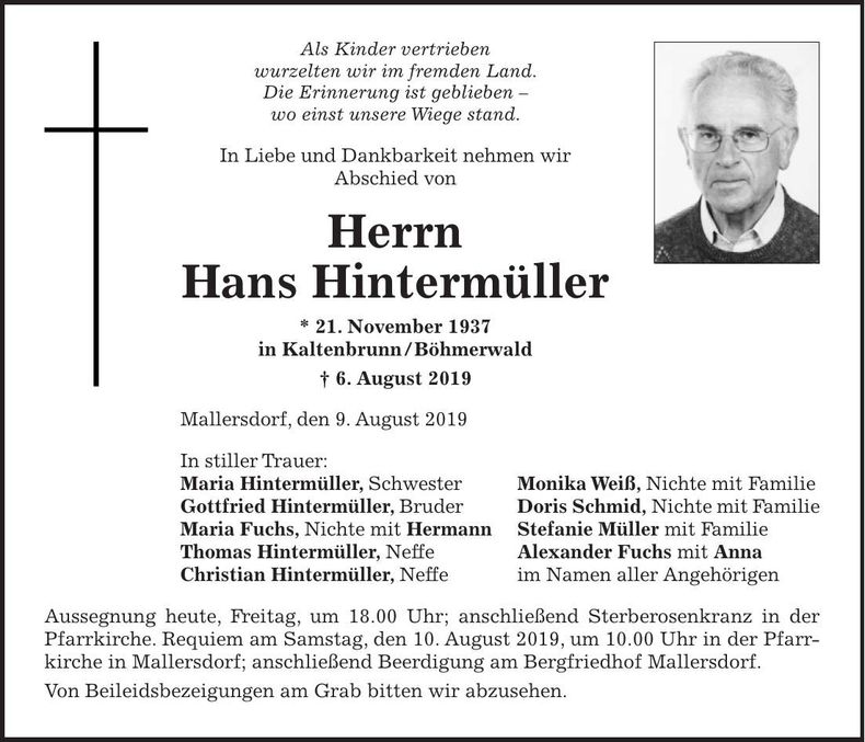 Traueranzeige Hans Hintermüller