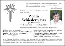 Traueranzeige Zenta Schiedermeier