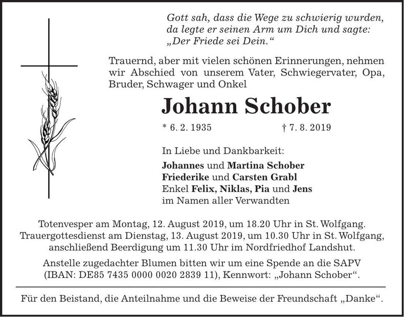 Traueranzeige Johann Schober