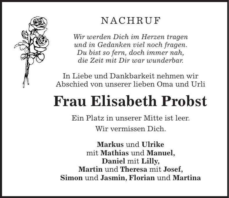 Traueranzeige Elisaeth Probst