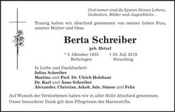 Traueranzeige Berta Schreiber