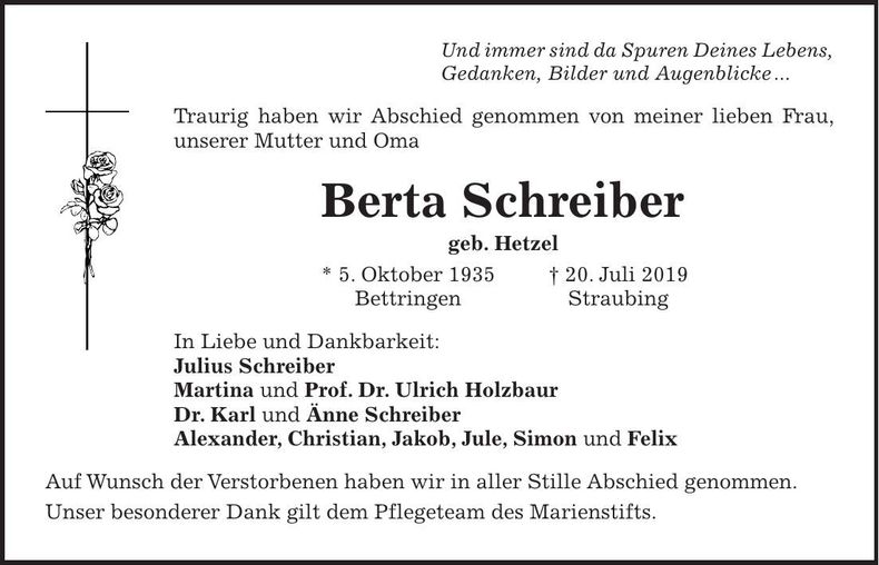 Traueranzeige Berta Schreiber