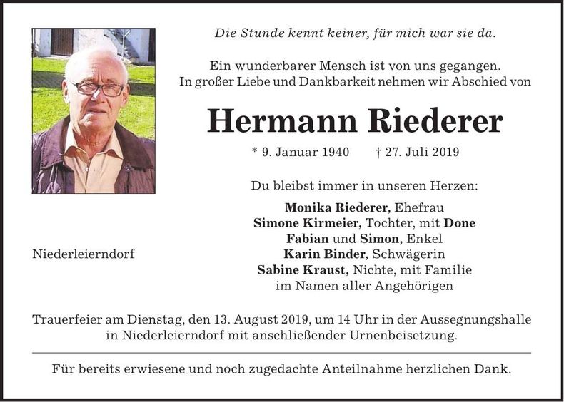 Traueranzeige Hermann Riederer