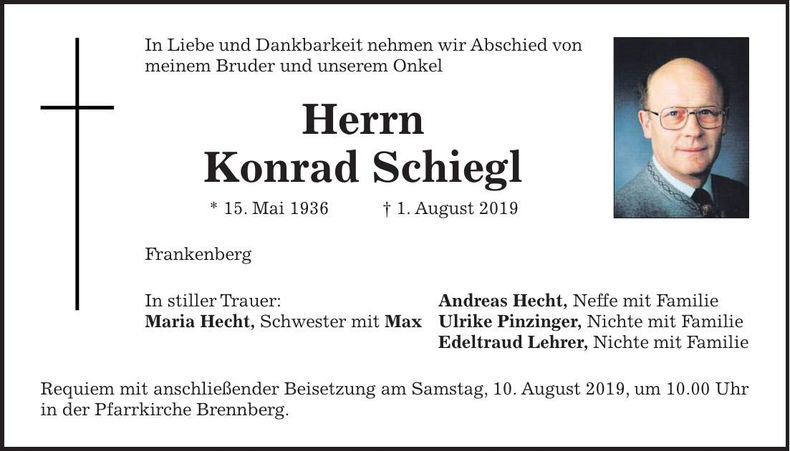 Traueranzeige Konrad Schiegl