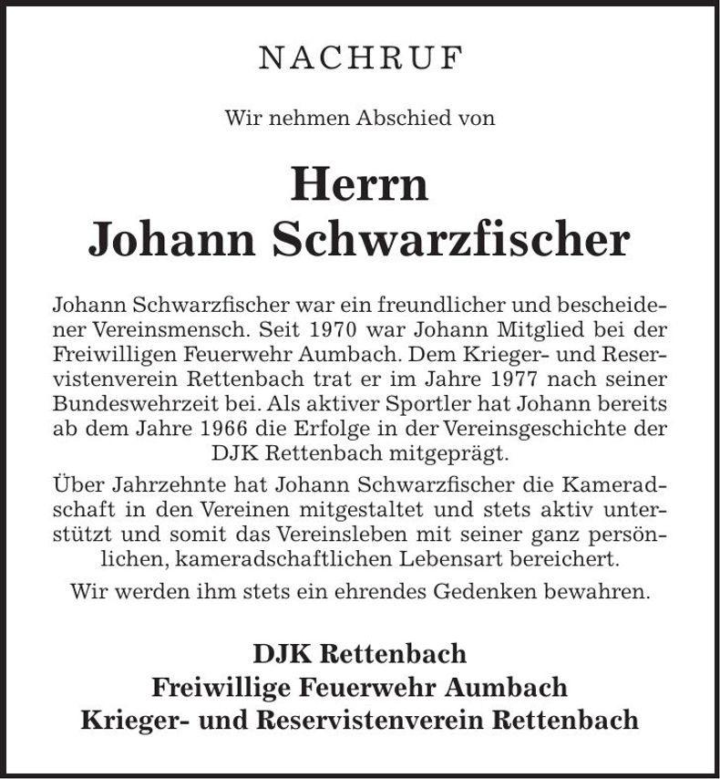 Traueranzeige Johann Schwarzfischer