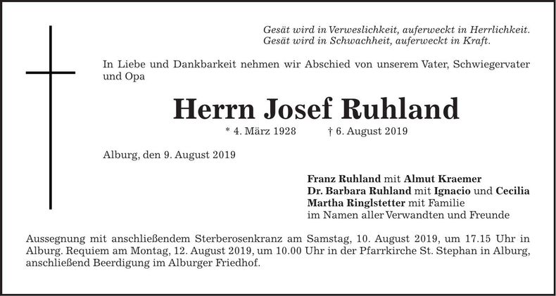 Traueranzeige Josef Ruhland