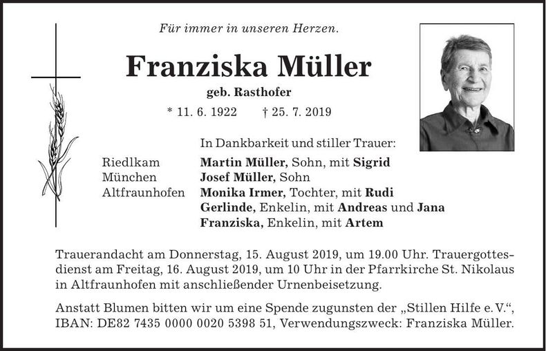 Traueranzeige Franziska Müller